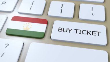 Tacikistan Ulusal Bayrağı ve Metin Satın Alma Biletli Düğme. Seyahat Konsepti.