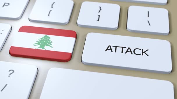 黎巴嫩国旗和文字攻击按钮 战争概念 — 图库视频影像