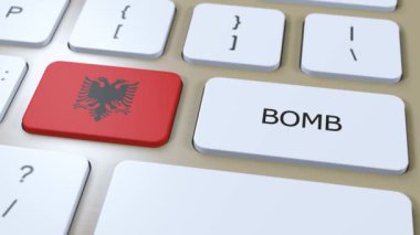Arnavutluk Ülke Bayrağı ve Metin Bombası Düğmenin Üzerinde. Savaş Konsepti.