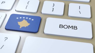 Kosova Ülke Bayrağı ve Metin Bombası Düğmenin Üzerinde. Savaş Konsepti.