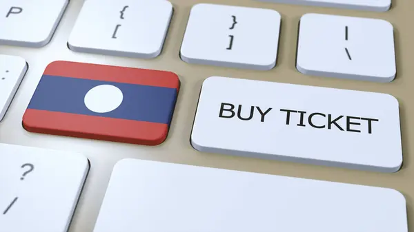 stock image Laos National Flag and Button with Text Buy Ticket. 3D Illustration Concept.