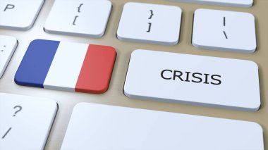 Ülke 'de Fransa Krizi. Metin 3B İllüstrasyonlu Ulusal Bayrak ve Düğme.