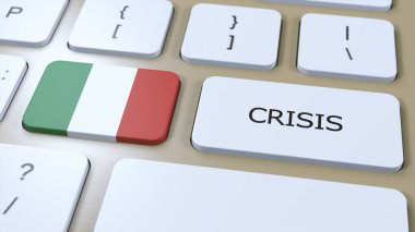 İtalya 'da Kriz. Metin 3B İllüstrasyonlu Ulusal Bayrak ve Düğme.