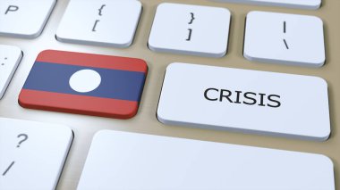 Ülkedeki Laos Krizi. Metin 3B İllüstrasyonlu Ulusal Bayrak ve Düğme.