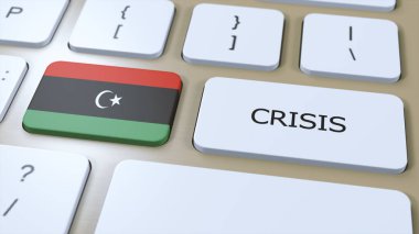 Ülkedeki Libya Krizi. Metin 3B İllüstrasyonlu Ulusal Bayrak ve Düğme.