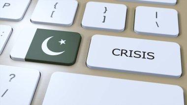 Ülkedeki Pakistan Krizi. Metin 3B İllüstrasyonlu Ulusal Bayrak ve Düğme.