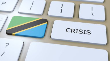 Ülkedeki Tanzanya Krizi. Metin 3B İllüstrasyonlu Ulusal Bayrak ve Düğme.