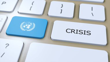 Birleşmiş Milletler Krizi. Metin 3B İllüstrasyonlu Ulusal Bayrak ve Düğme.