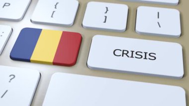 Romanya Krizi Ülke 'de. Metinli Ulusal Bayrak ve Düğme.