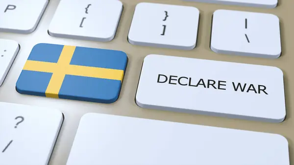 stock image Sweden National Flag and Declare War Button 3D Illustration.