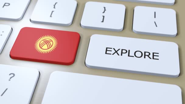 吉尔吉斯斯坦国旗和按钮与文字探索动画 — 图库视频影像