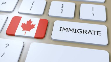 Kanada Göçmenlik Konsepti. 3D Illustration. Tuş Üzerinde Metin Göç Olan Ülke Bayrağı.