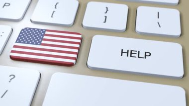 Amerika Birleşik Devletleri Animasyon 'a Yardım Ediyor. Düğme Üzerine Metin Yazılı Ülke Bayrağı.