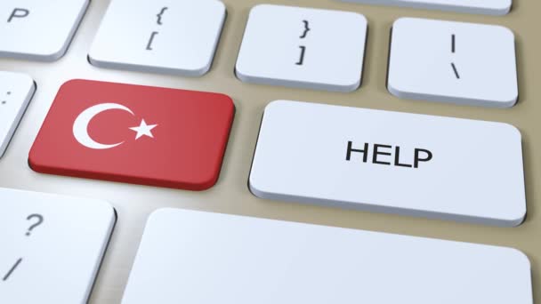 Turkey Help Concept Animation Σημαία Χώρας Κείμενο Στο Κουμπί — Αρχείο Βίντεο