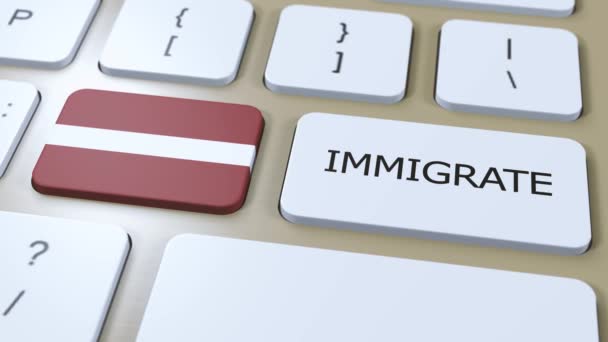 Łotwa Koncepcja Imigracyjna Animacja Flaga Kraju Tekstem Imigracja Przycisku — Wideo stockowe