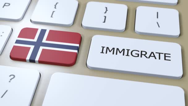 Иммиграция Норвегию Флаг Страны Текстом Иммигрировать Кнопке — стоковое видео