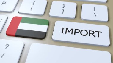 BAE Birleşik Arap Emirlikleri İthalat 3D animasyon. Ülke Bayrağı ve Düğmesi.