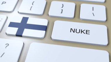 Finlandiya Ulusal Bayrak ve Metin Bombası. Ülke Nükleer Silah Kullanımı Konsepti 3B Canlandırma.