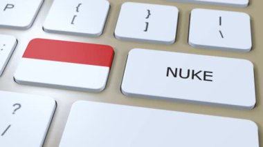 Endonezya Ulusal Bayrak ve Metin Bombası. Ülke Nükleer Silah Kullanımı Konsepti 3B Canlandırma.
