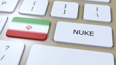 İran Ulusal Bayrak ve Metin Bombası. Ülke Nükleer Silah Kullanımı Konsepti 3B Canlandırma.