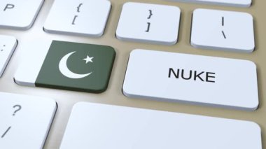 Pakistan Ulusal Bayrak ve Metin Bombası. Ülke Nükleer Silah Kullanımı Konsepti 3B Canlandırma.
