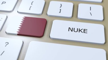 Katar Ulusal Bayrak ve Metin Bombası. Ülke Nükleer Silah Kullanımı Konsepti 3B Canlandırma.