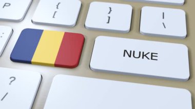 Romanya Ulusal Bayrak ve Metin Bombası. Ülke Nükleer Silah Kullanımı Konsepti 3B Canlandırma.