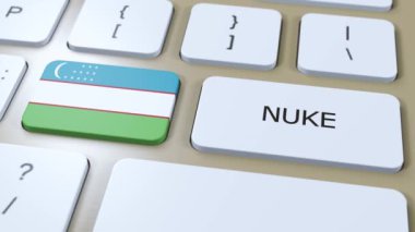 Özbekistan Ulusal Bayrak ve Metin Bombası. Ülke Nükleer Silah Kullanımı Konsepti 3B Canlandırma.