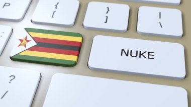 Zimbabwe Ulusal Bayrak ve Metin Bombası. Ülke Nükleer Silah Kullanımı Konsepti 3B Canlandırma.