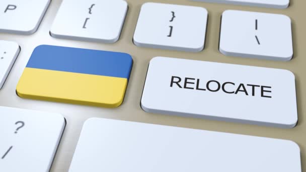 Conceptul Afaceri Privind Relocarea Ucrainei Animație Steagul Țării Text Relocare — Videoclip de stoc