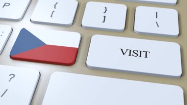 Çek Cumhuriyeti Ulusal Bayrak ve Metin Ziyareti Button 'da. Ülkeyi Ziyaret Et 3D Canlandırması.