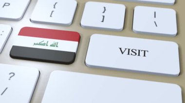 Irak Ulusal Bayrak ve Metin Ziyareti Button 'da. Ülkeyi Ziyaret Et 3D Canlandırması.