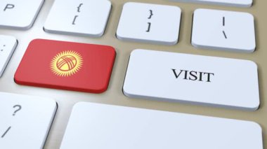 Kırgızistan Ulusal Bayrak ve Metin Ziyareti. Ülkeyi Ziyaret Et 3D Canlandırması.