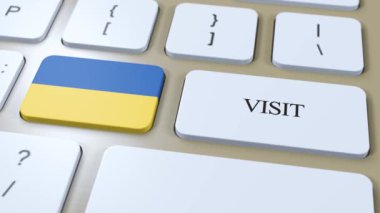 Button 'da Ukrayna Ulusal Bayrak ve Metin Ziyareti. Ülkeyi Ziyaret Et 3D Canlandırması.