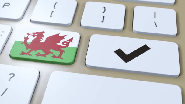 ウェールズ国旗とチェックマークまたははいボタン3Dアニメーション — ストック動画