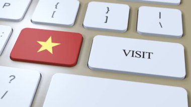 Vietnam Ulusal Bayrak ve Metin Ziyareti Button 'da. Ülkeyi Ziyaret Et 3D Canlandırması.