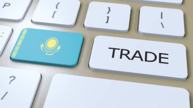 Kazakistan Ülke Bayrak ve Ticaret Metni Düğme 3D Canlandırması.