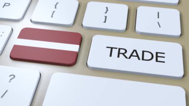 Düğme 3 Boyutlu Animasyon Üzerine Letonya Ülke Bayrağı ve Ticaret Metni.