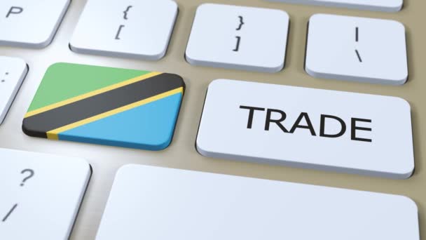 坦桑尼亚国旗和按钮3D动画贸易文本 — 图库视频影像