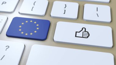 AB Avrupa Birliği Bayrağı ve Evet veya Başparmak Yukarı Düğmesi. 3B Canlandırma.