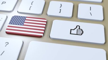 Amerika Birleşik Devletleri Bayrağı ve Evet ya da Başparmaklar yukarı düğmesi. 3B Canlandırma.