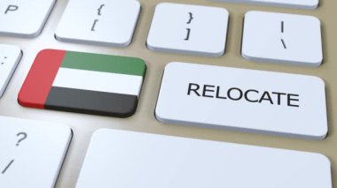 BAE Birleşik Arap Emirlikleri Yeniden Yerleştirme Şirketi Konsepti. Üç boyutlu animasyon. Tuşun Üzerinde Metin Taşımalı Ülke Bayrağı.