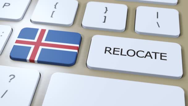 Iceland Relocation Business Concept Animation Country Flag Text Relocate Button — Stock Video
