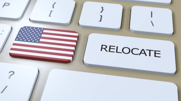 美国搬迁商业概念 3D动画 带有按钮上文字重排的国旗 — 图库视频影像