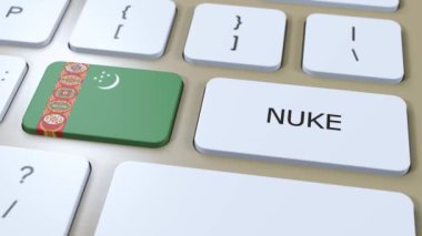 Türkmenistan Ulusal Bayrak ve Metin Bombası. Ülke Nükleer Silah Kullanımı Konsepti 3B Canlandırma.