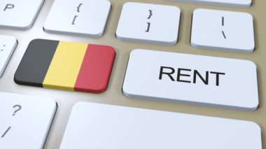 Belçika Kira Konsepti. Üç boyutlu animasyon. Tuşlu Metin Kiralı Ülke Bayrağı.