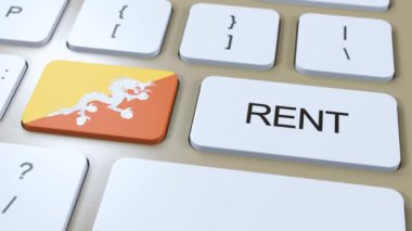 Bhutan Kira Konsepti. Üç boyutlu animasyon. Tuşlu Metin Kiralı Ülke Bayrağı.