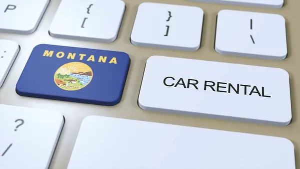 stock image Montana State Flag with Car Rental Text Button 3D Illustration.