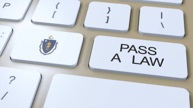 Massachusetts State Flag and Pass a Law Text on Button 3D Illustration. clipart