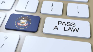 Utah State Flag and Pass a Law Text on Button 3D Illustration. clipart